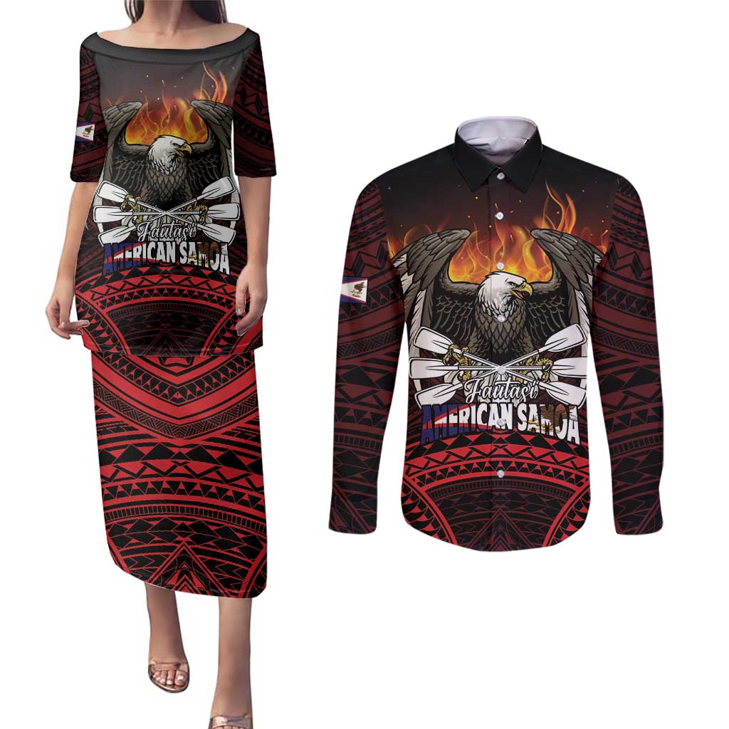 Fautasi Race Day American Samoa Couples Matching Puletasi and Long Sleeve Button Shirt Bald Eagle Polynesian Tattoo LT14 Black - Polynesian Pride