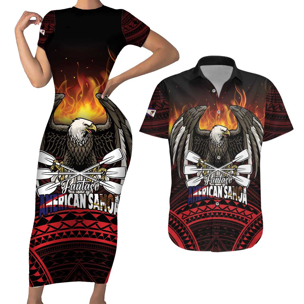Fautasi Race Day American Samoa Couples Matching Short Sleeve Bodycon Dress and Hawaiian Shirt Bald Eagle Polynesian Tattoo LT14 Black - Polynesian Pride