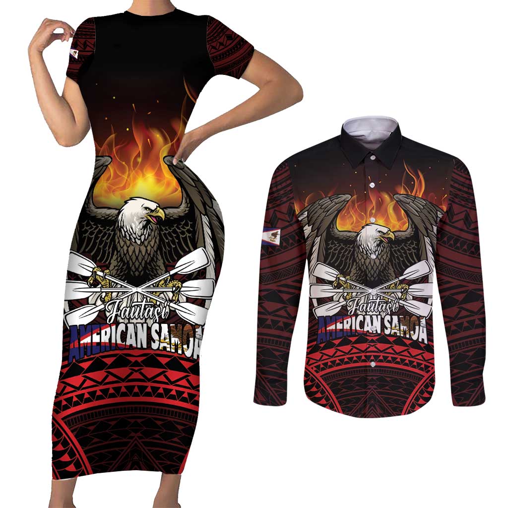 Fautasi Race Day American Samoa Couples Matching Short Sleeve Bodycon Dress and Long Sleeve Button Shirt Bald Eagle Polynesian Tattoo LT14 Black - Polynesian Pride