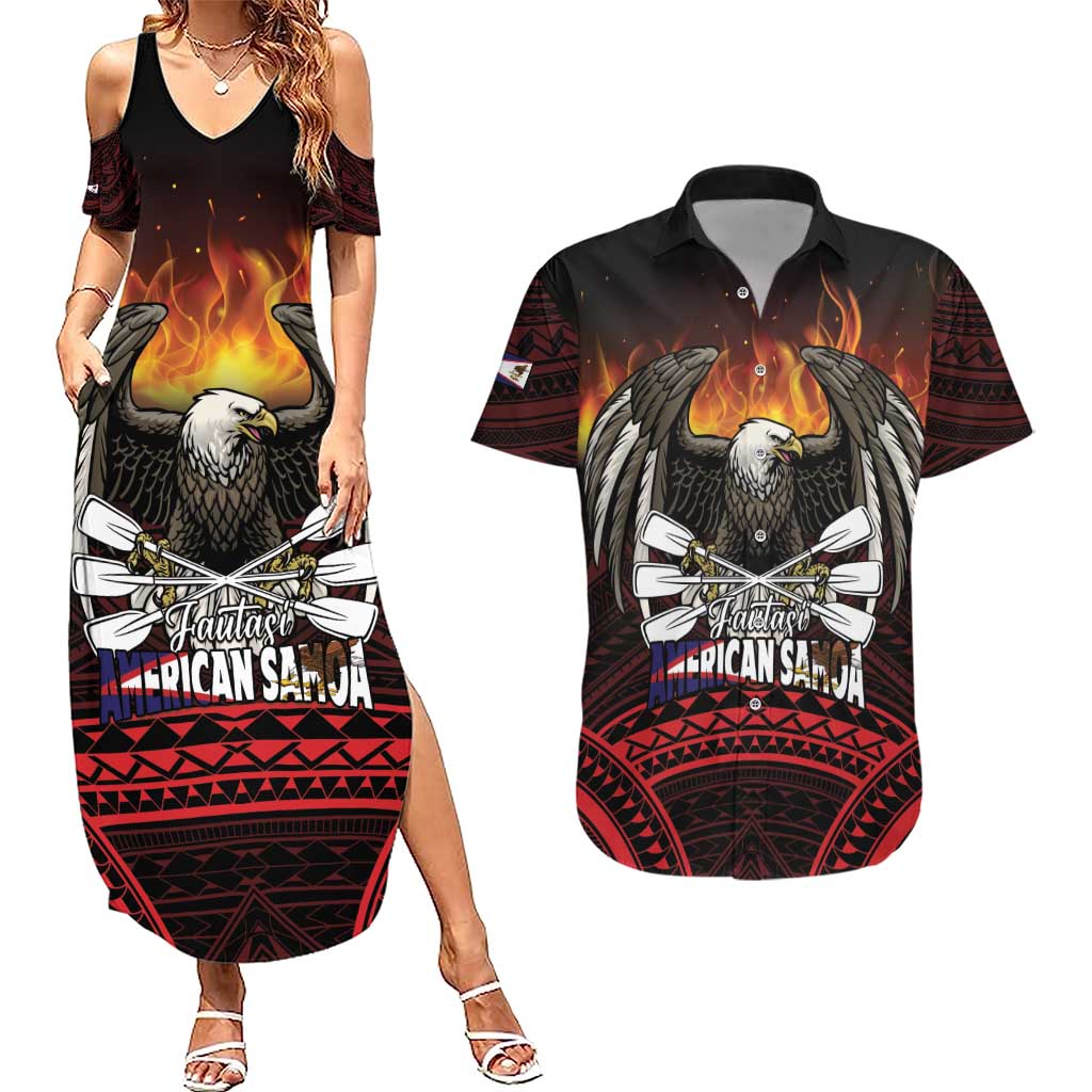 Fautasi Race Day American Samoa Couples Matching Summer Maxi Dress and Hawaiian Shirt Bald Eagle Polynesian Tattoo LT14 Black - Polynesian Pride