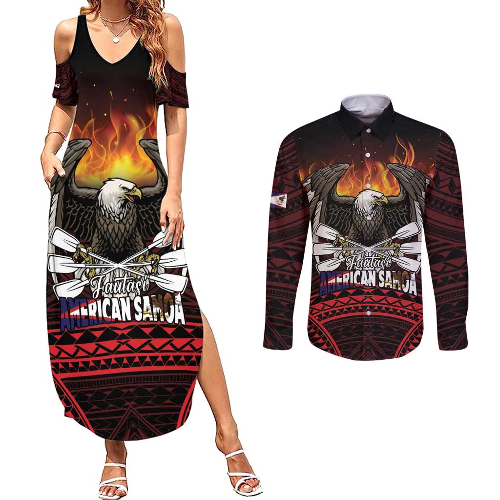Fautasi Race Day American Samoa Couples Matching Summer Maxi Dress and Long Sleeve Button Shirt Bald Eagle Polynesian Tattoo LT14 Black - Polynesian Pride