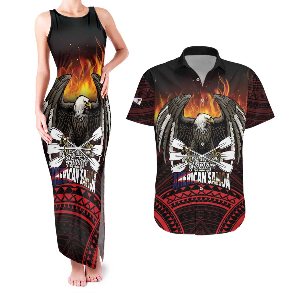 Fautasi Race Day American Samoa Couples Matching Tank Maxi Dress and Hawaiian Shirt Bald Eagle Polynesian Tattoo LT14 Black - Polynesian Pride