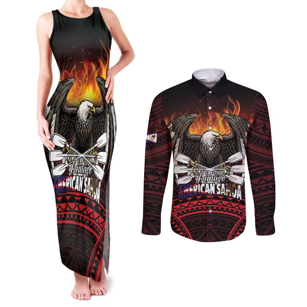 Fautasi Race Day American Samoa Couples Matching Tank Maxi Dress and Long Sleeve Button Shirt Bald Eagle Polynesian Tattoo LT14 Black - Polynesian Pride