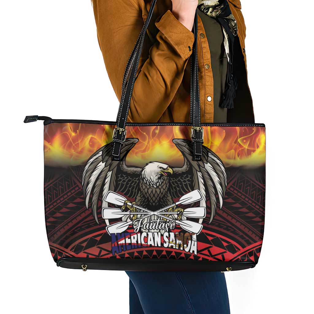 Fautasi Race Day American Samoa Leather Tote Bag Bald Eagle Polynesian Tattoo