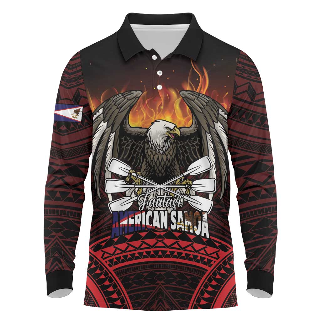 Fautasi Race Day American Samoa Long Sleeve Polo Shirt Bald Eagle Polynesian Tattoo LT14 Black - Polynesian Pride