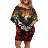 Fautasi Race Day American Samoa Off Shoulder Short Dress Bald Eagle Polynesian Tattoo
