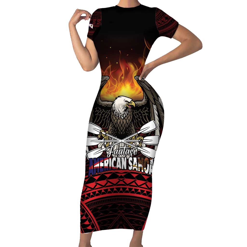 Fautasi Race Day American Samoa Short Sleeve Bodycon Dress Bald Eagle Polynesian Tattoo