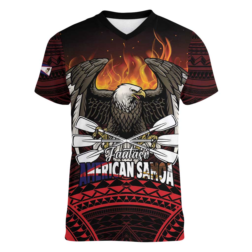 Fautasi Race Day American Samoa Women V-Neck T-Shirt Bald Eagle Polynesian Tattoo LT14 Female Black - Polynesian Pride