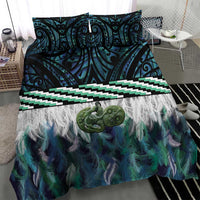 Turquoise Traditional Cloak Aotearoa Bedding Set Maori Paua Shell Korowai Pattern