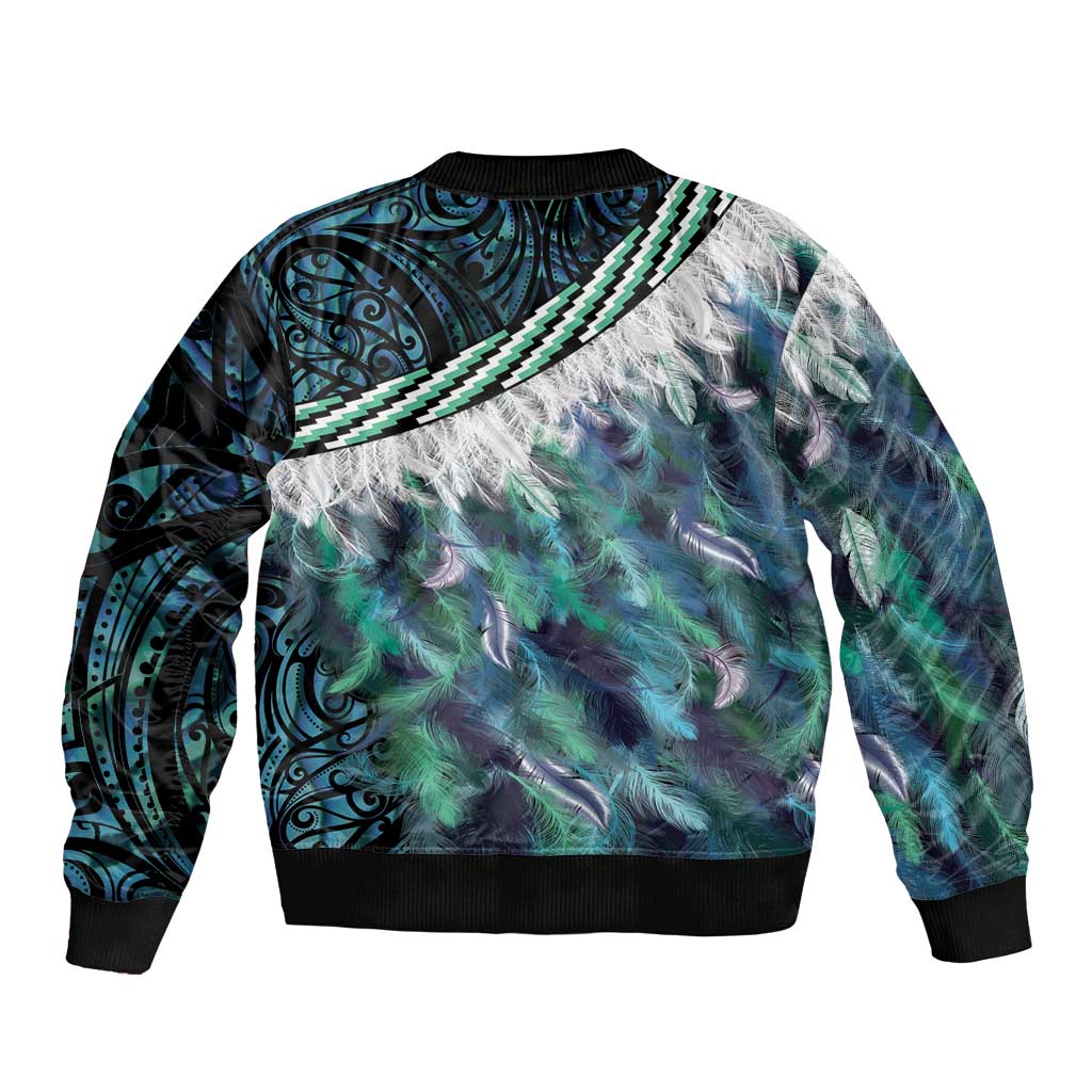 Turquoise Traditional Cloak Aotearoa Bomber Jacket Maori Paua Shell Korowai Pattern