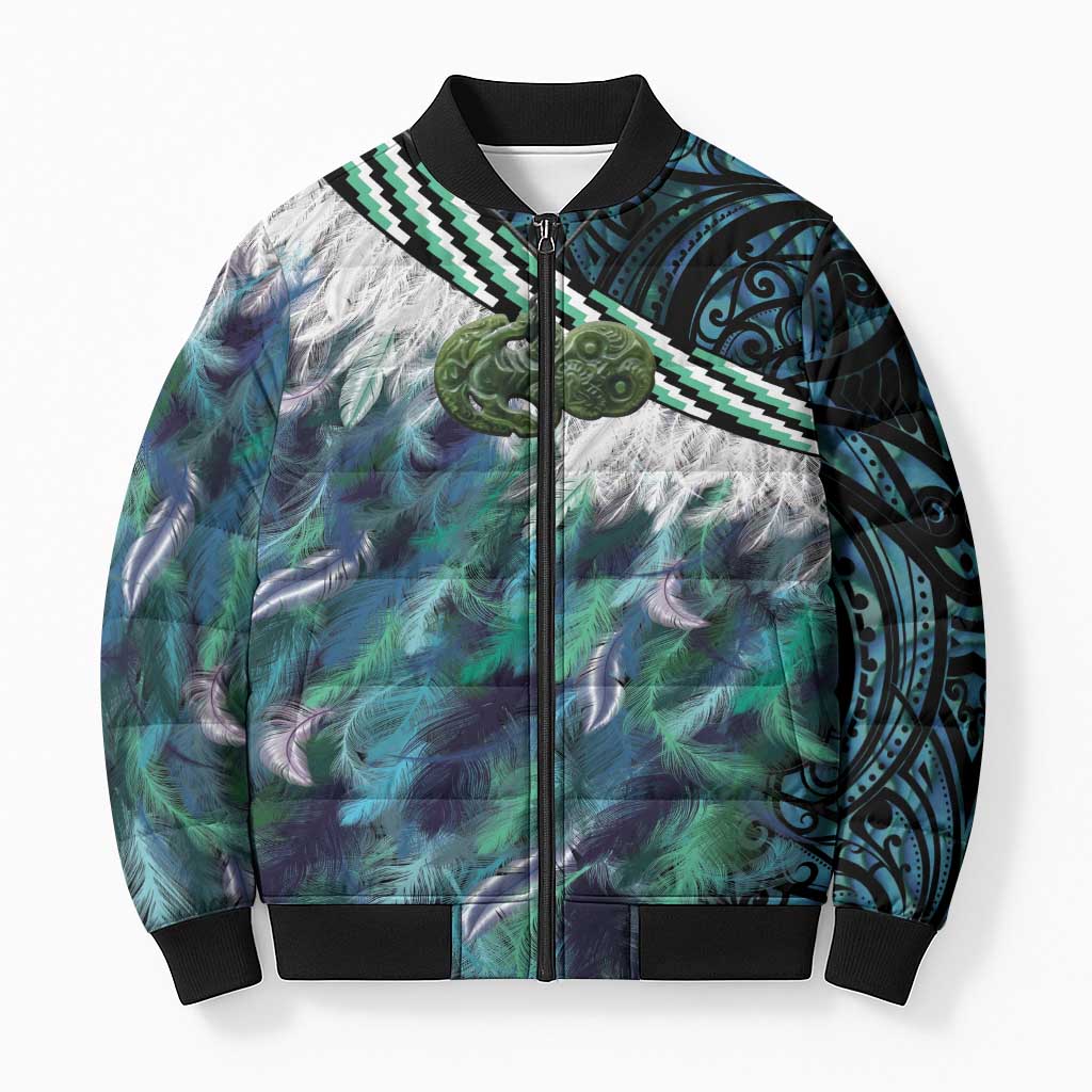 Turquoise Traditional Cloak Aotearoa Bomber Puffer Jacket Maori Paua Shell Korowai Pattern LT14 Unisex Turquoise - Polynesian Pride