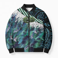 Turquoise Traditional Cloak Aotearoa Bomber Puffer Jacket Maori Paua Shell Korowai Pattern LT14 Unisex Turquoise - Polynesian Pride