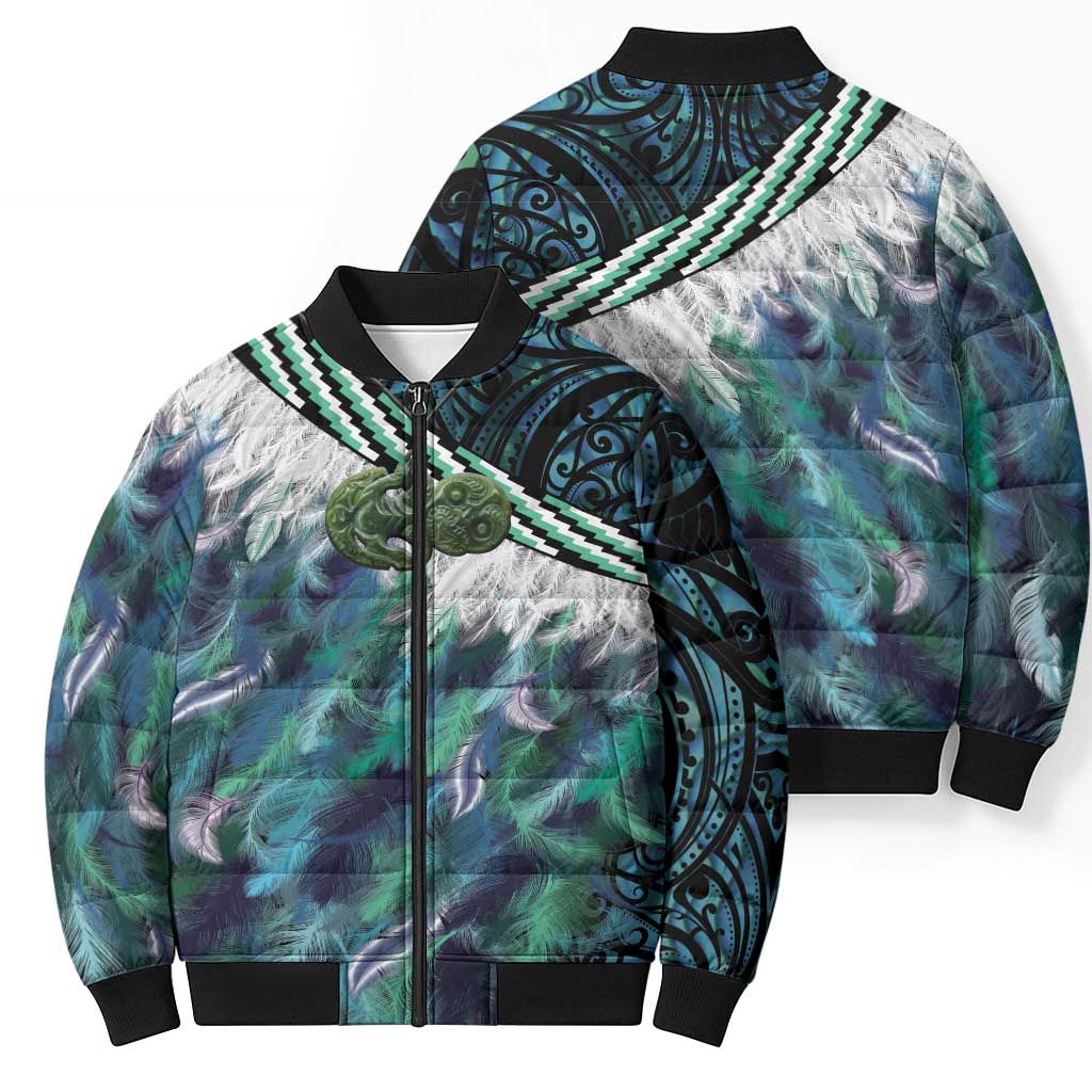 Turquoise Traditional Cloak Aotearoa Bomber Puffer Jacket Maori Paua Shell Korowai Pattern LT14 - Polynesian Pride