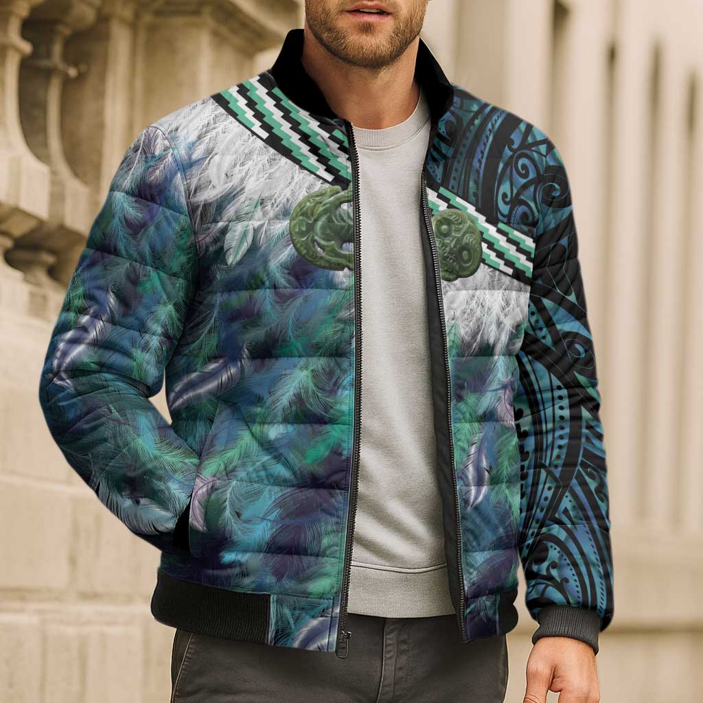 Turquoise Traditional Cloak Aotearoa Bomber Puffer Jacket Maori Paua Shell Korowai Pattern LT14 - Polynesian Pride