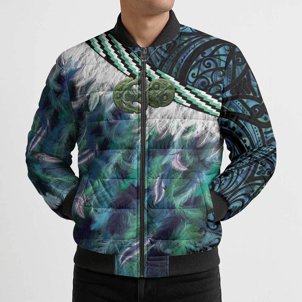 Turquoise Traditional Cloak Aotearoa Bomber Puffer Jacket Maori Paua Shell Korowai Pattern LT14 - Polynesian Pride