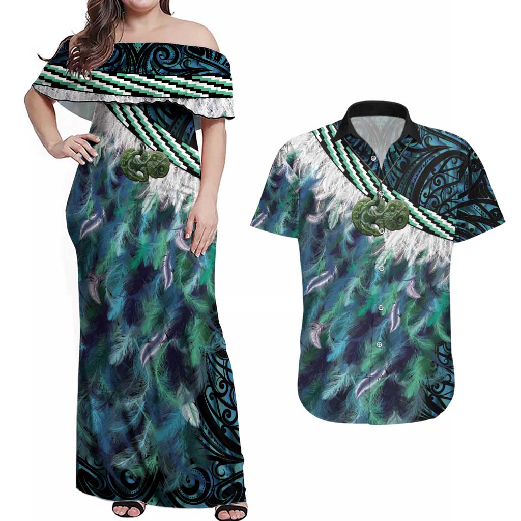 Turquoise Traditional Cloak Aotearoa Couples Matching Off Shoulder Maxi Dress and Hawaiian Shirt Maori Paua Shell Korowai Pattern