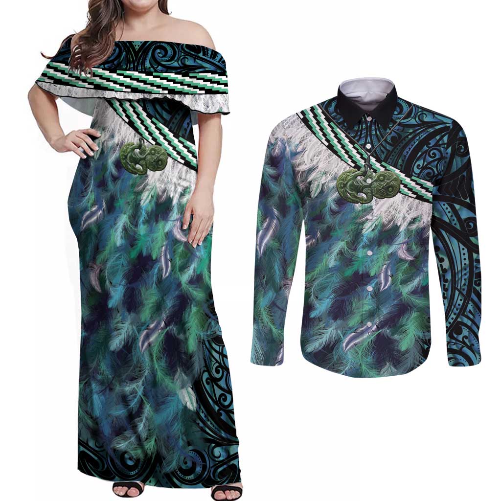 Turquoise Traditional Cloak Aotearoa Couples Matching Off Shoulder Maxi Dress and Long Sleeve Button Shirt Maori Paua Shell Korowai Pattern LT14 Turquoise - Polynesian Pride