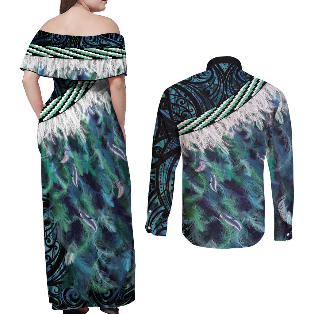 Turquoise Traditional Cloak Aotearoa Couples Matching Off Shoulder Maxi Dress and Long Sleeve Button Shirt Maori Paua Shell Korowai Pattern LT14 - Polynesian Pride
