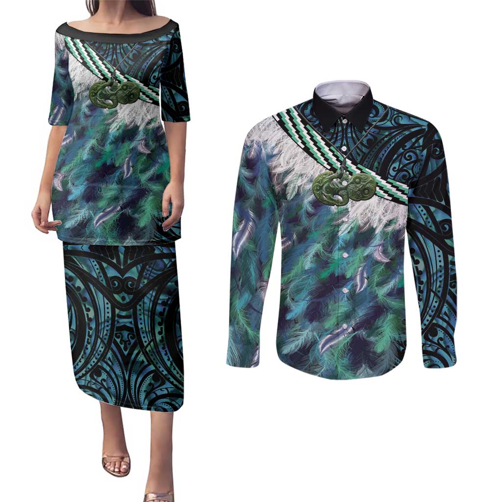 Turquoise Traditional Cloak Aotearoa Couples Matching Puletasi and Long Sleeve Button Shirt Maori Paua Shell Korowai Pattern LT14 Turquoise - Polynesian Pride