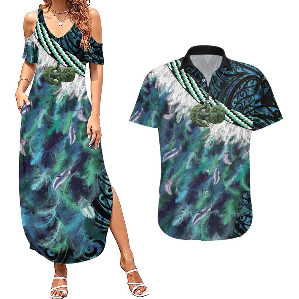 Turquoise Traditional Cloak Aotearoa Couples Matching Summer Maxi Dress and Hawaiian Shirt Maori Paua Shell Korowai Pattern
