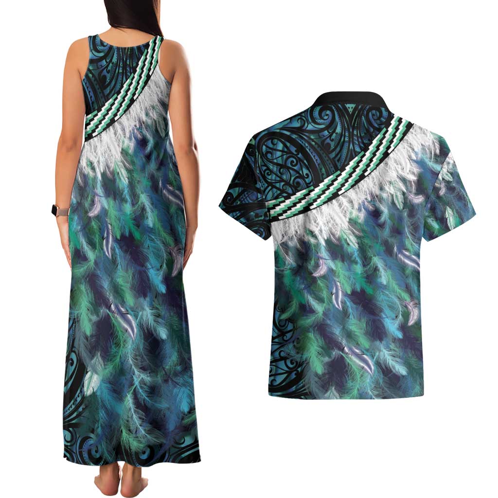 Turquoise Traditional Cloak Aotearoa Couples Matching Tank Maxi Dress and Hawaiian Shirt Maori Paua Shell Korowai Pattern