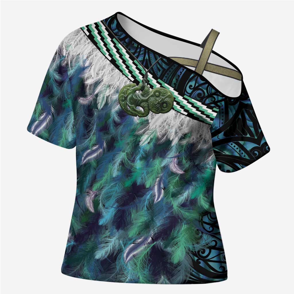 Turquoise Traditional Cloak Aotearoa Cross Shoulder Shirt Maori Paua Shell Korowai Pattern LT14 Female Turquoise - Polynesian Pride