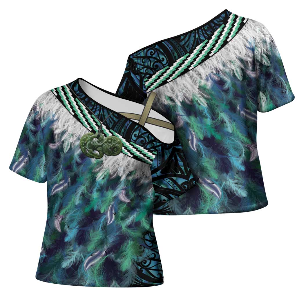 Turquoise Traditional Cloak Aotearoa Cross Shoulder Shirt Maori Paua Shell Korowai Pattern LT14 - Polynesian Pride