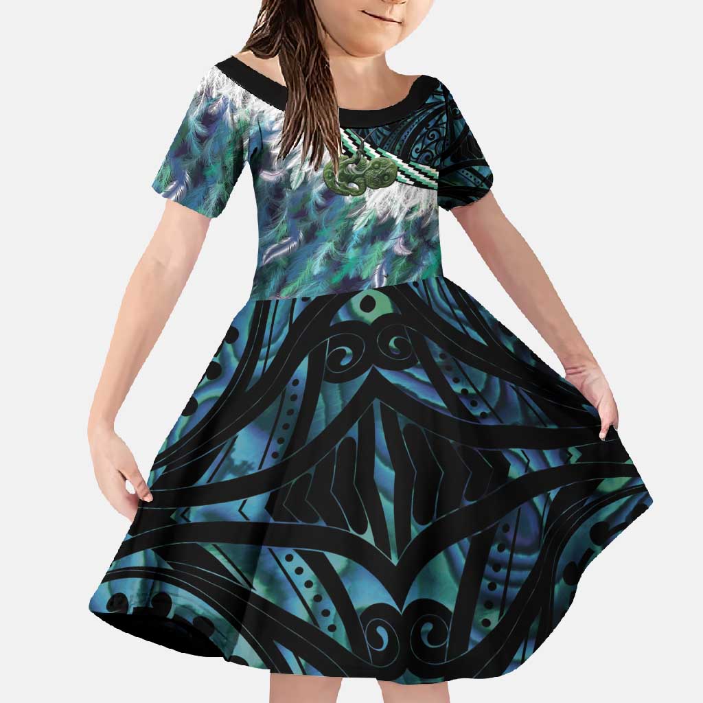 Turquoise Traditional Cloak Aotearoa Family Matching Long Sleeve Bodycon Dress and Hawaiian Shirt Maori Paua Shell Korowai Pattern LT14 Daughter's Dress Turquoise - Polynesian Pride