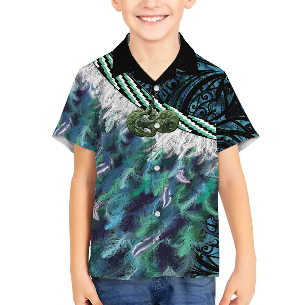 Turquoise Traditional Cloak Aotearoa Family Matching Long Sleeve Bodycon Dress and Hawaiian Shirt Maori Paua Shell Korowai Pattern LT14 Son's Shirt Turquoise - Polynesian Pride
