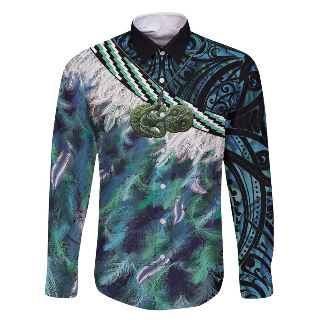 Turquoise Traditional Cloak Aotearoa Family Matching Mermaid Dress and Hawaiian Shirt Maori Paua Shell Korowai Pattern LT14 Dad's Shirt - Long Sleeve Turquoise - Polynesian Pride