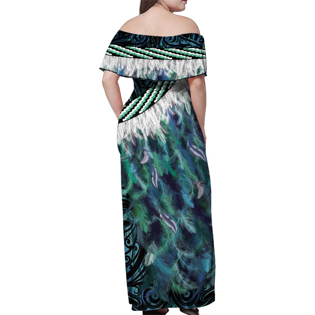 Turquoise Traditional Cloak Aotearoa Family Matching Off Shoulder Maxi Dress and Hawaiian Shirt Maori Paua Shell Korowai Pattern