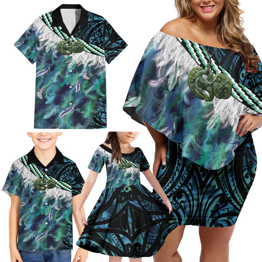 Turquoise Traditional Cloak Aotearoa Family Matching Off Shoulder Short Dress and Hawaiian Shirt Maori Paua Shell Korowai Pattern