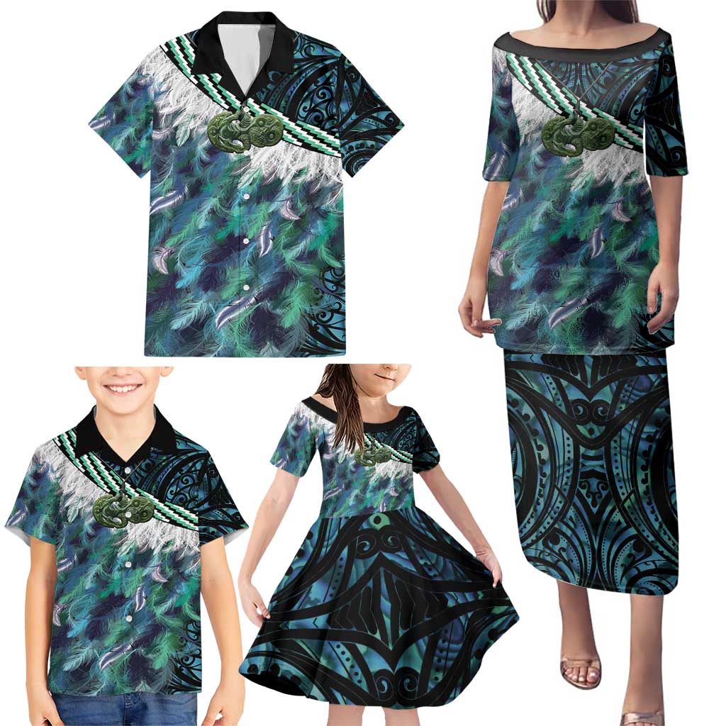 Turquoise Traditional Cloak Aotearoa Family Matching Puletasi and Hawaiian Shirt Maori Paua Shell Korowai Pattern