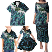 Turquoise Traditional Cloak Aotearoa Family Matching Puletasi and Hawaiian Shirt Maori Paua Shell Korowai Pattern
