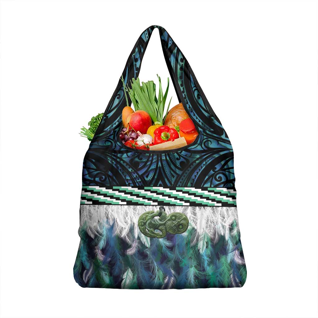 Turquoise Traditional Cloak Aotearoa Grocery Bag Maori Paua Shell Korowai Pattern