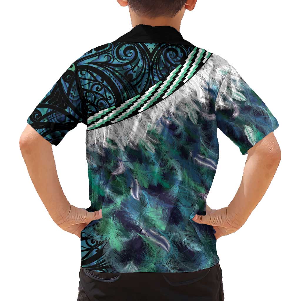 Turquoise Traditional Cloak Aotearoa Kid Hawaiian Shirt Maori Paua Shell Korowai Pattern