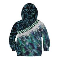 Turquoise Traditional Cloak Aotearoa Kid Hoodie Maori Paua Shell Korowai Pattern