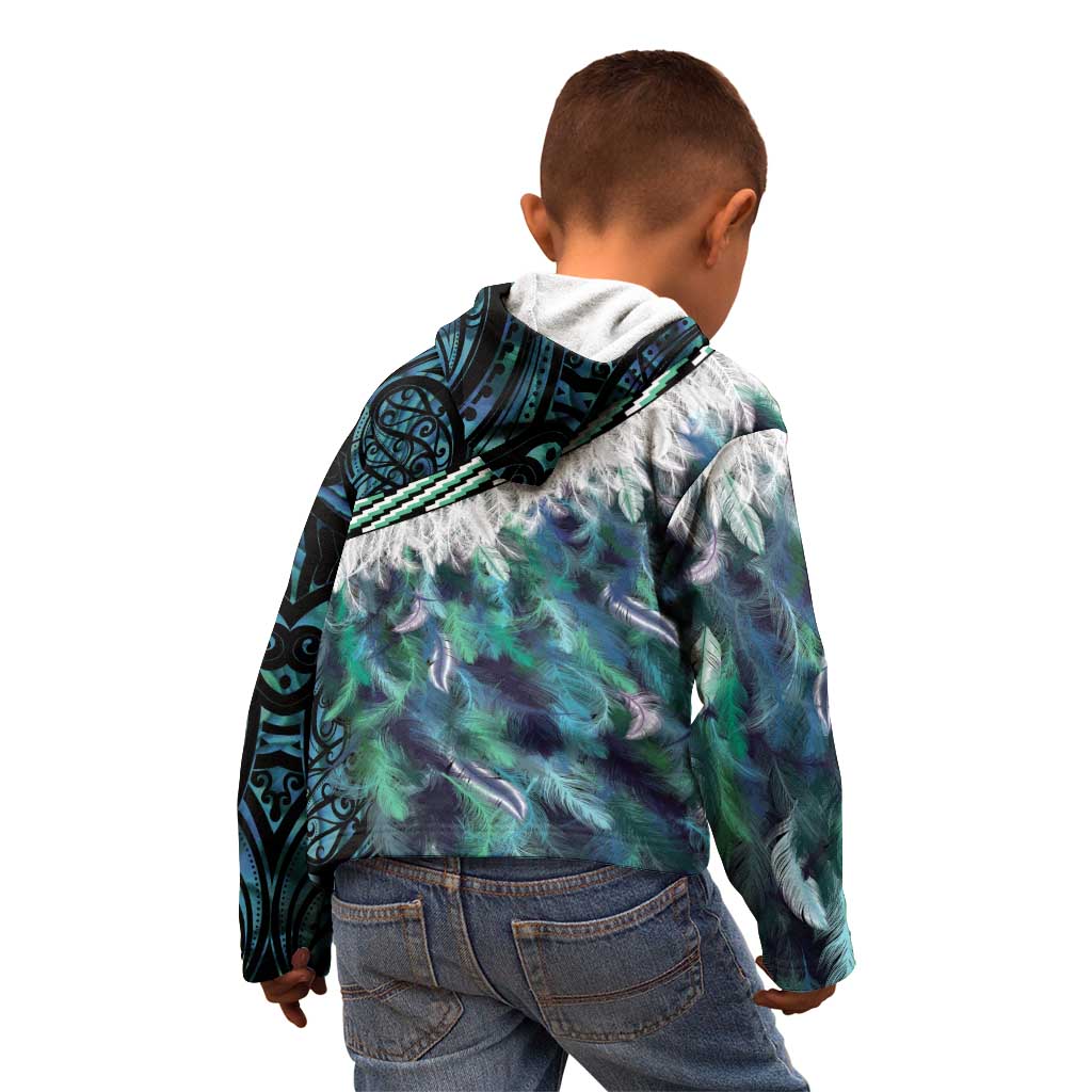 Turquoise Traditional Cloak Aotearoa Kid Hoodie Maori Paua Shell Korowai Pattern