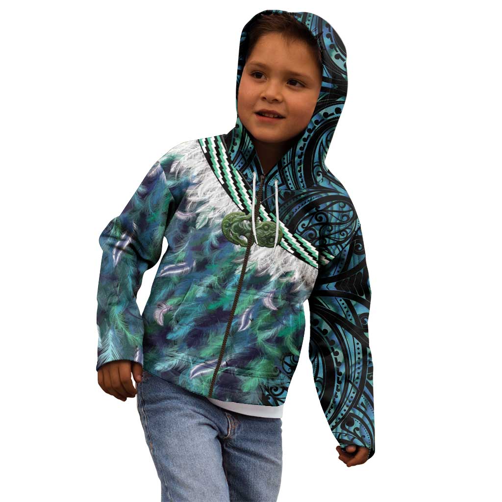 Turquoise Traditional Cloak Aotearoa Kid Hoodie Maori Paua Shell Korowai Pattern