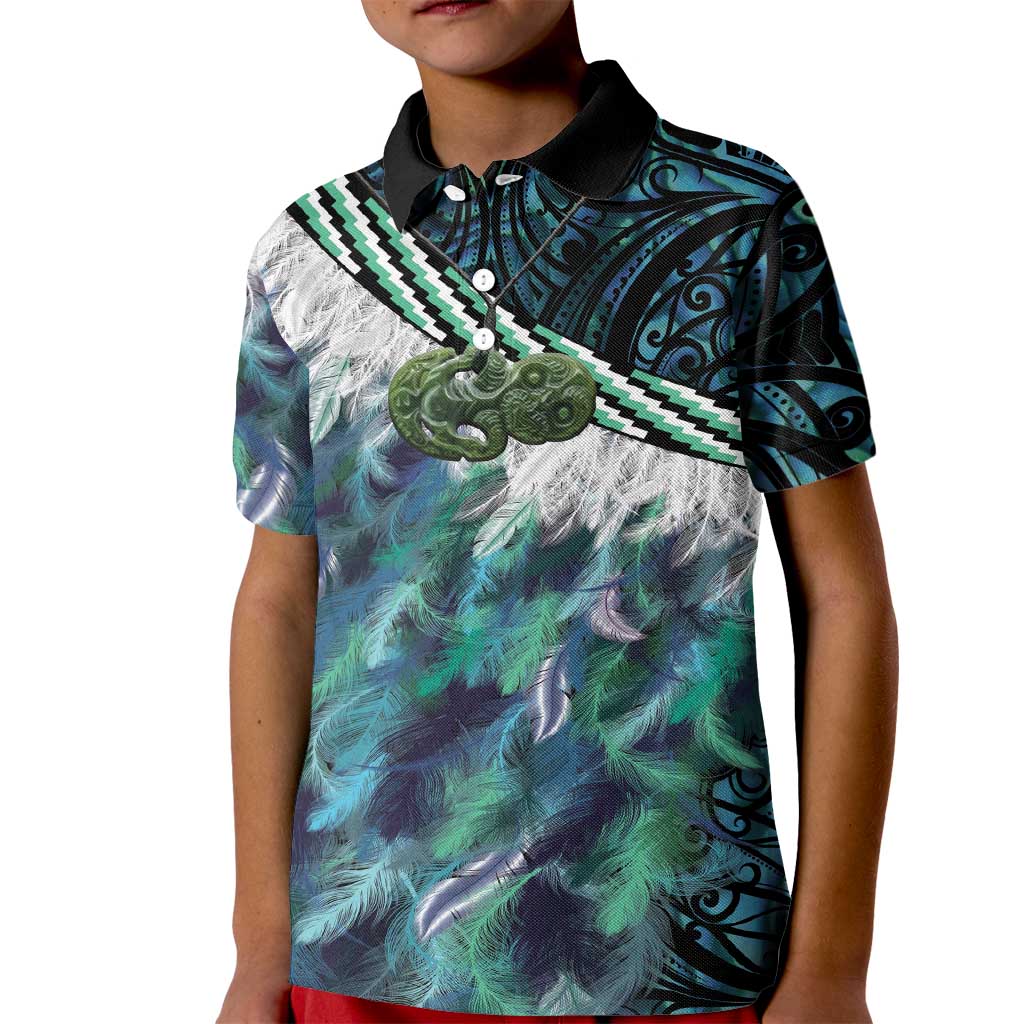 Turquoise Traditional Cloak Aotearoa Kid Polo Shirt Maori Paua Shell Korowai Pattern LT14 Kid Turquoise - Polynesian Pride