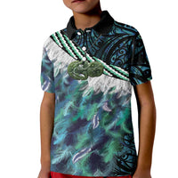Turquoise Traditional Cloak Aotearoa Kid Polo Shirt Maori Paua Shell Korowai Pattern