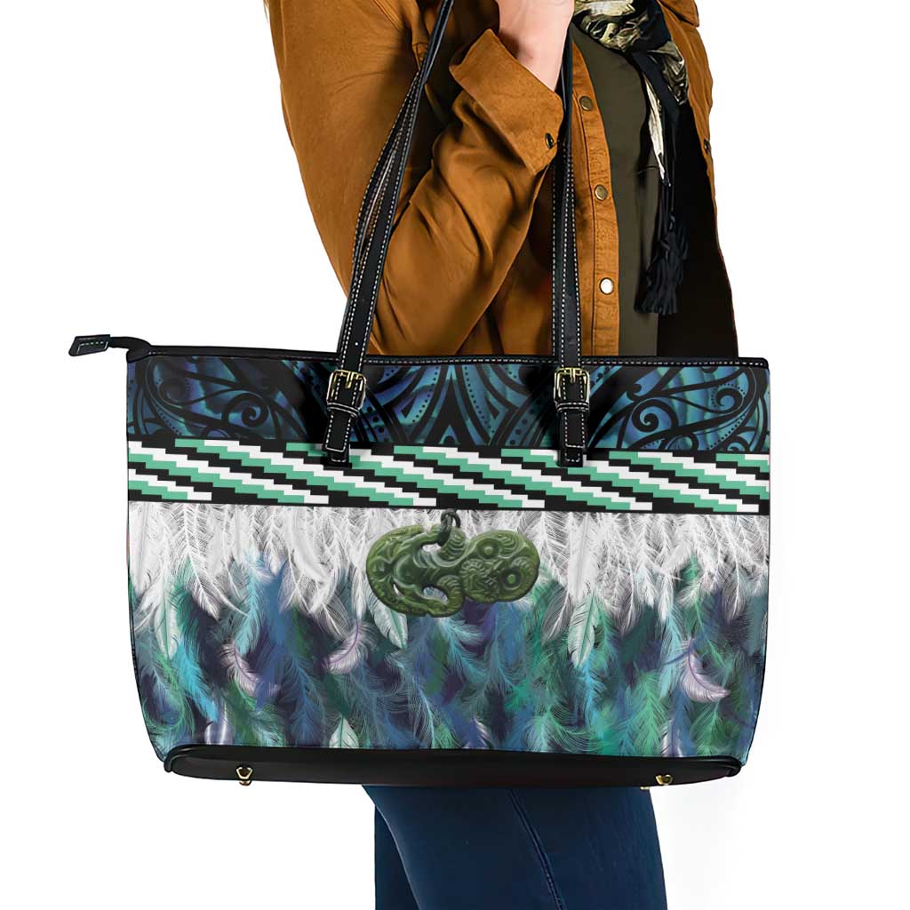 Turquoise Traditional Cloak Aotearoa Leather Tote Bag Maori Paua Shell Korowai Pattern