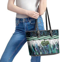 Turquoise Traditional Cloak Aotearoa Leather Tote Bag Maori Paua Shell Korowai Pattern