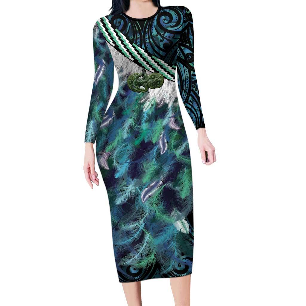 Turquoise Traditional Cloak Aotearoa Long Sleeve Bodycon Dress Maori Paua Shell Korowai Pattern