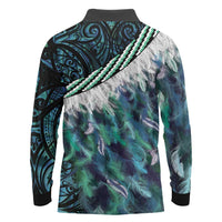 Turquoise Traditional Cloak Aotearoa Long Sleeve Polo Shirt Maori Paua Shell Korowai Pattern