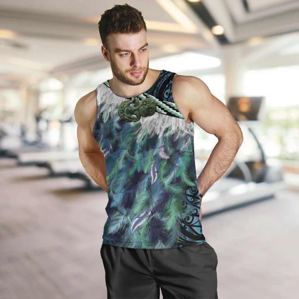 Turquoise Traditional Cloak Aotearoa Men Tank Top Maori Paua Shell Korowai Pattern