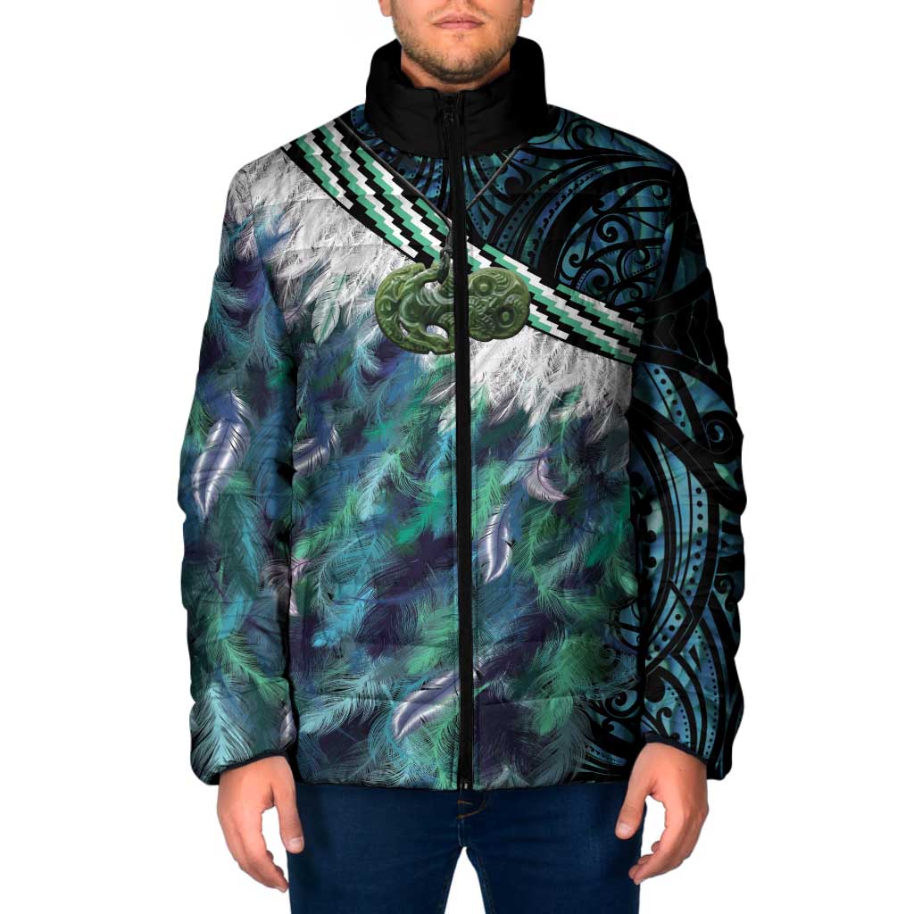 Turquoise Traditional Cloak Aotearoa Padded Jacket Maori Paua Shell Korowai Pattern LT14 Men Turquoise - Polynesian Pride
