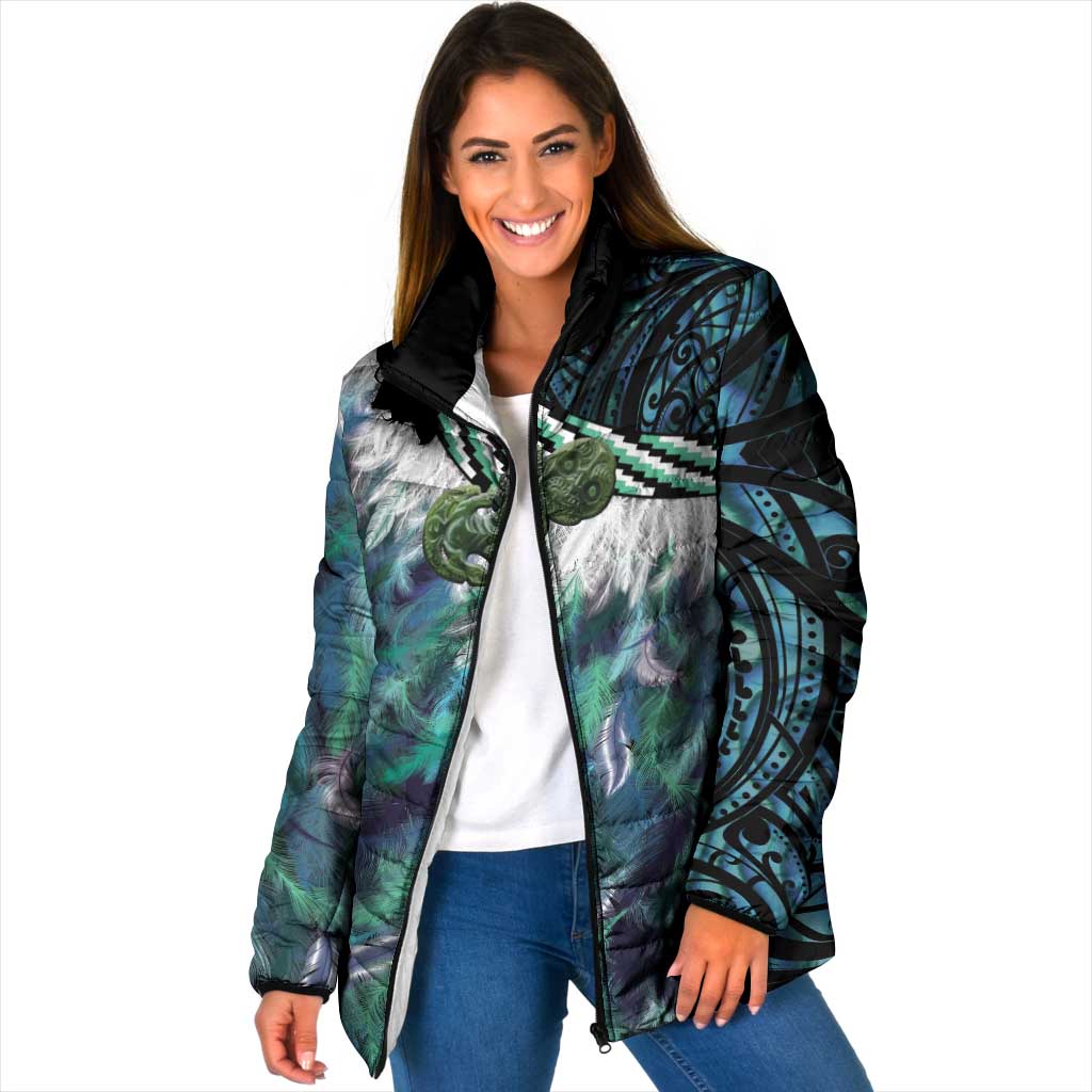 Turquoise Traditional Cloak Aotearoa Padded Jacket Maori Paua Shell Korowai Pattern LT14 Women Turquoise - Polynesian Pride