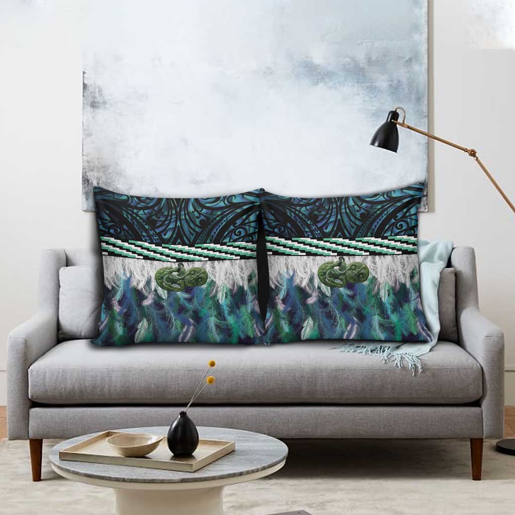 Turquoise Traditional Cloak Aotearoa Pillow Cover Maori Paua Shell Korowai Pattern - Polynesian Pride
