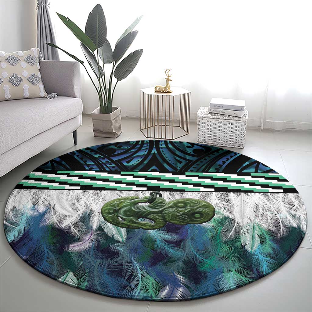 Turquoise Traditional Cloak Aotearoa Round Carpet Maori Paua Shell Korowai Pattern